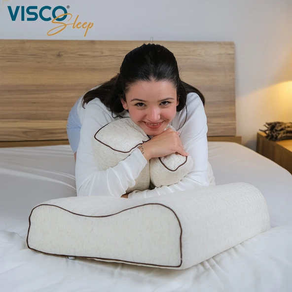 Visco Yastık  Doğal Keten Kılıf Ortopedik Yastık Visco Boyun Yastığı 60x40x14-12 cm - 3