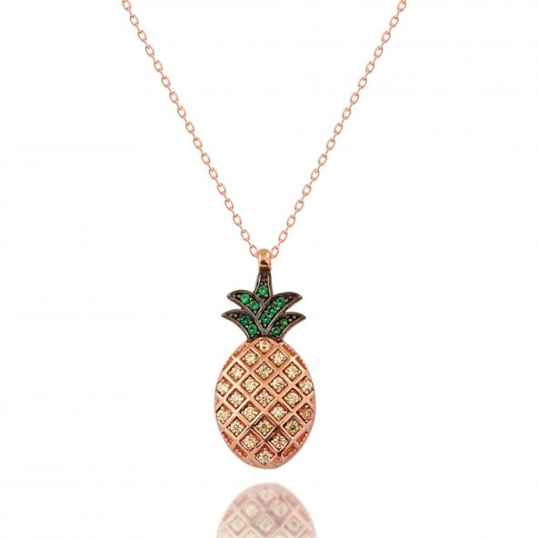 925 Ayar Gümüş Zirkon Taşlı Tropik Ananas Tasarımlı Kolye Rose