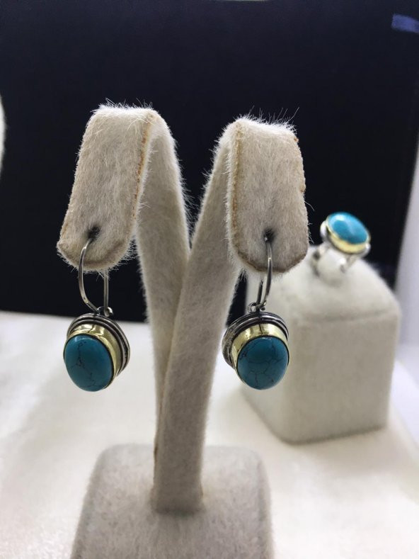 Mavi Damarlı Firuze Turkuaz Taşlı El İşi Bayan Otantik Gümüş Küpe - 2