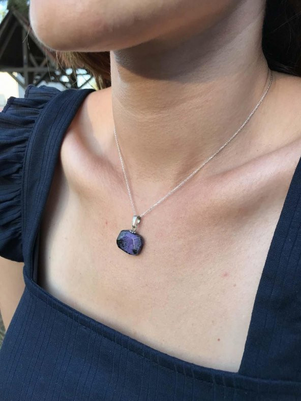 Doğal Ametist Mor Taşlı Formsuz Bayan Kolye - 3