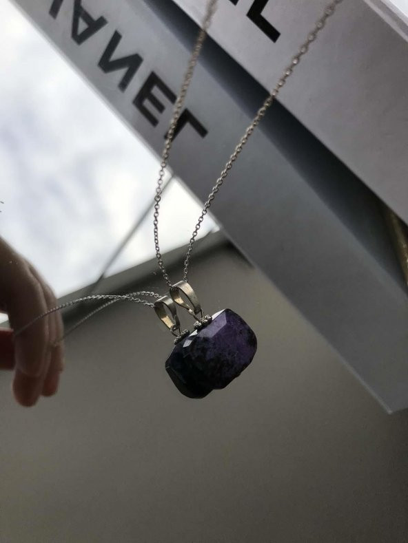 Doğal Ametist Mor Taşlı Formsuz Bayan Kolye - 5