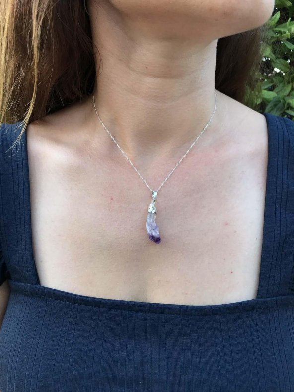 Doğal Ametist Mor Taşlı Formsuz Bayan Kolye - 3