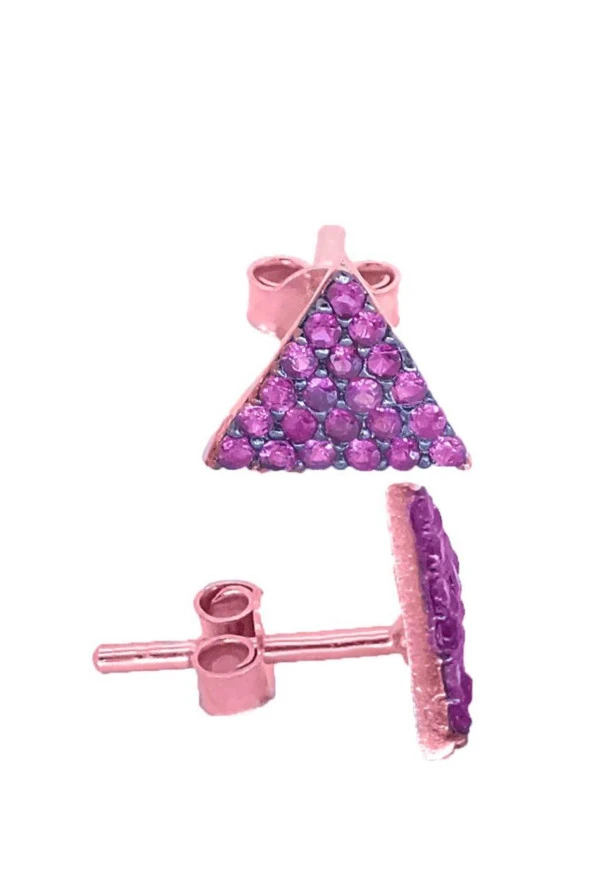Üçgen Pembe Taşlı Yıldız Taşlı Bayan Gümüş Küpe