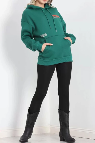 3 İplik Baskılı Uzun Kapşonlu Sweat Yeşil - 20721.1872. - Resim 2