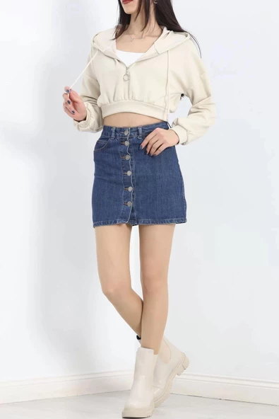 Modal Kapşonlu Crop Sweat Bej - 12885.148. - 4