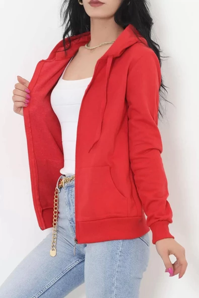 İç Tüylü Kapşonlu Fermuarlı Sweat Kırmızı - 11866.108. - 6