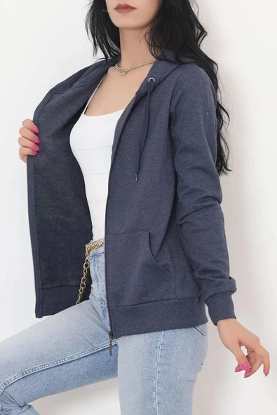 İç Tüylü Kapşonlu Fermuarlı Sweat Koyuindigo - 11866.108. - 5