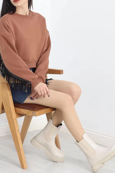 Deri Saçaklı Sweat Kahve - 12690.148. - 4