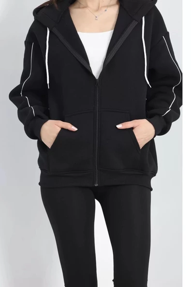 Biyeli 3 İplik Fermuarlı Sweat Siyah - 20282.053. - Resim 3