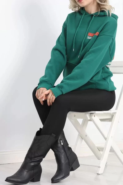 3 İplik Baskılı Uzun Kapşonlu Sweat Yeşil - 20721.1872. - Resim 7