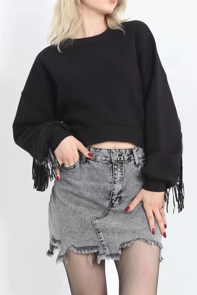 Deri Saçaklı Sweat Siyah - 12690.148. - 3