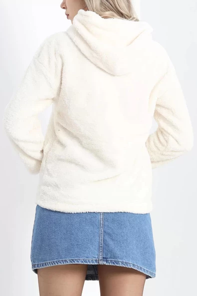 Kanguru Cep Kapşonlu Peluş Sweat Ekru - 9062.1153. - Resim 7
