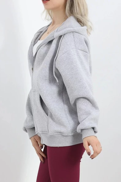 Kapşonlu Fermuarlı 3 İplik Sweat Gri - 20240.053. - 7