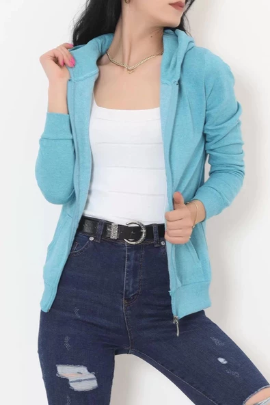 İç Tüylü Kapşonlu Fermuarlı Sweat Petrol - 11866.108. - 8