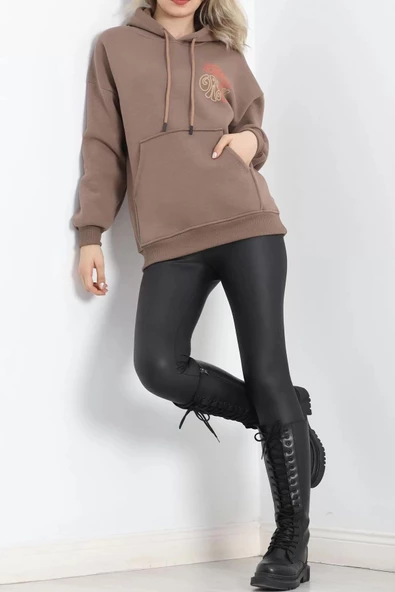 Baskılı Kapşonlu Kanguru Sweat Kahve - 20244.1878. - Resim 2
