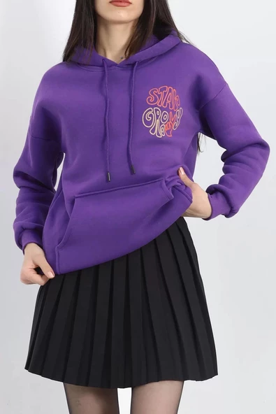 Baskılı Kapşonlu Kanguru Sweat Mor - 20244.1878. - 5