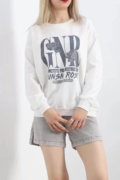 Baskılı İki İplik Oversize Sweat Ekru - 21648.200. - 4