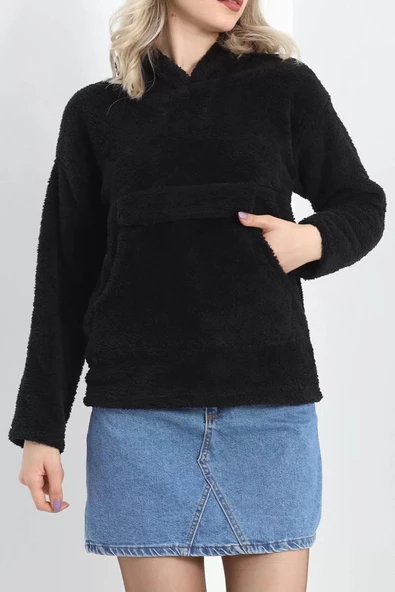 Kanguru Cep Kapşonlu Peluş Sweat Siyah - 9062.1153. - 5