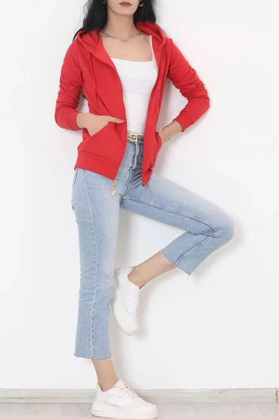 İç Tüylü Kapşonlu Fermuarlı Sweat Kırmızı - 11866.108. - 4