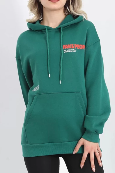 3 İplik Baskılı Uzun Kapşonlu Sweat Yeşil - 20721.1872. ürün görseli 1