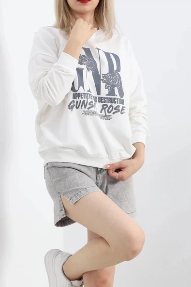 Baskılı İki İplik Oversize Sweat Ekru - 21648.200. - 2