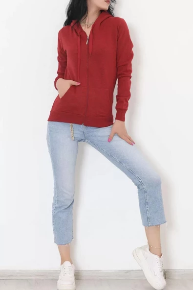 İç Tüylü Kapşonlu Fermuarlı Sweat Bordo - 11866.108. - 4