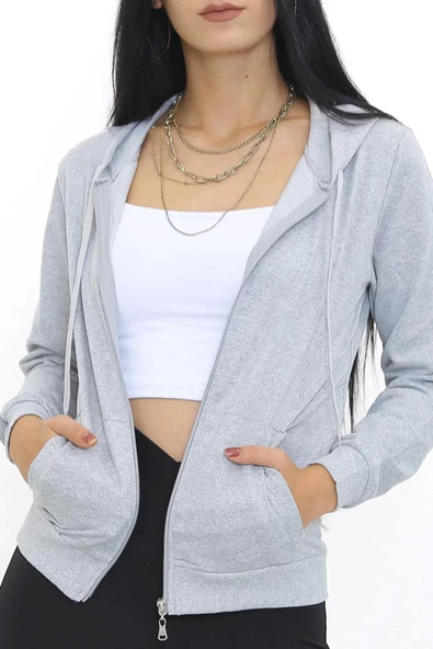 Kapşonlu Fermuarlı Sweat Gri - 3001.275. ürün görseli 1