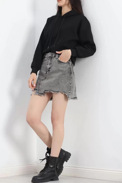 Kapşonlu 3 İplik Crop Sweat Siyah - 20969.1878. - 4