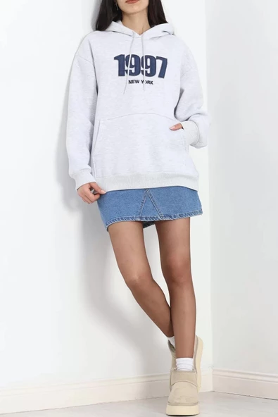 Kot Nakışlı Oversize 3 İplik Sweat Gri - 2442.336. - 6
