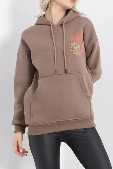 Baskılı Kapşonlu Kanguru Sweat Kahve - 20244.1878. - Resim 3