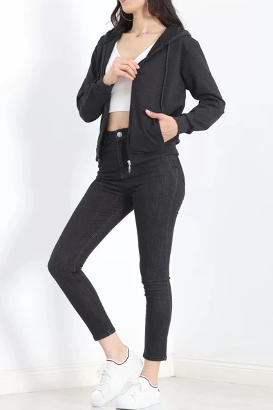 Kapşonlu Fermuarlı Sweat Koyuantrasit - 3001.275. - Resim 2