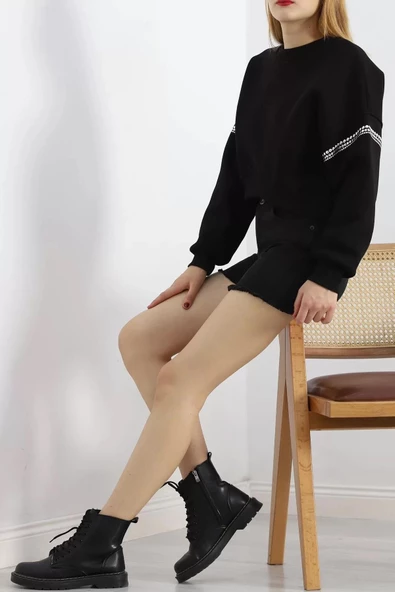 Kol Detay 3 İplik Crop Sweat Siyah - 12691.148. - 5