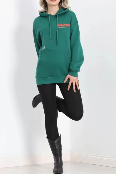 3 İplik Baskılı Uzun Kapşonlu Sweat Yeşil - 20721.1872. - Resim 6