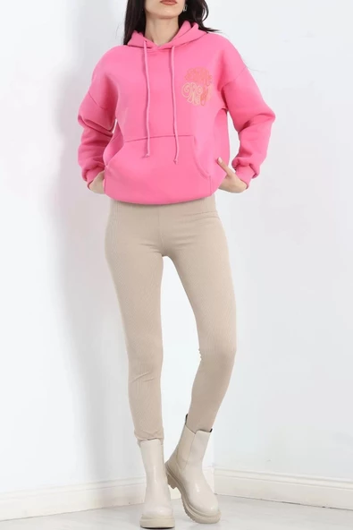 Baskılı Kapşonlu Kanguru Sweat Pembe - 20244.1878. - 2