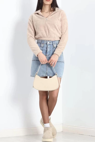Fermuarlı Crop Peluş Sweat Bej - 9060.1153. - 7