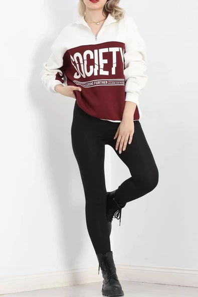 Yaka Fermuarlı 3 İplik Sweat Bordo - 20159.1059. - 6