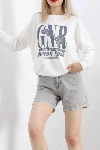 Baskılı İki İplik Oversize Sweat Ekru - 21648.200. - 6