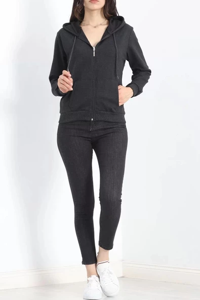 Kapşonlu Fermuarlı Sweat Koyuantrasit - 3001.275. - Resim 6
