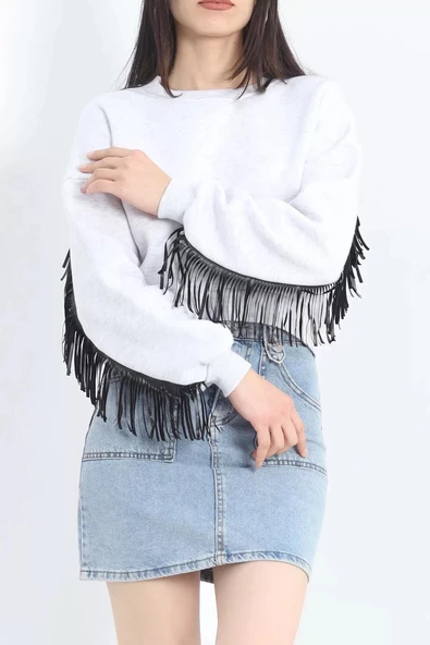 Deri Saçaklı Sweat Gri - 12690.148. - 4