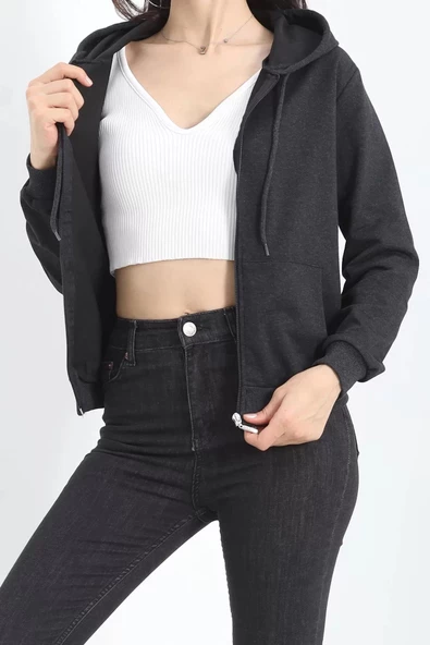 Kapşonlu Fermuarlı Sweat Koyuantrasit - 3001.275. - Resim 3