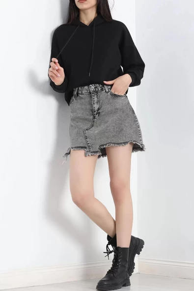 Kapşonlu 3 İplik Crop Sweat Siyah - 20969.1878. - 2