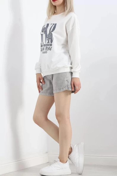 Baskılı İki İplik Oversize Sweat Ekru - 21648.200. - 3