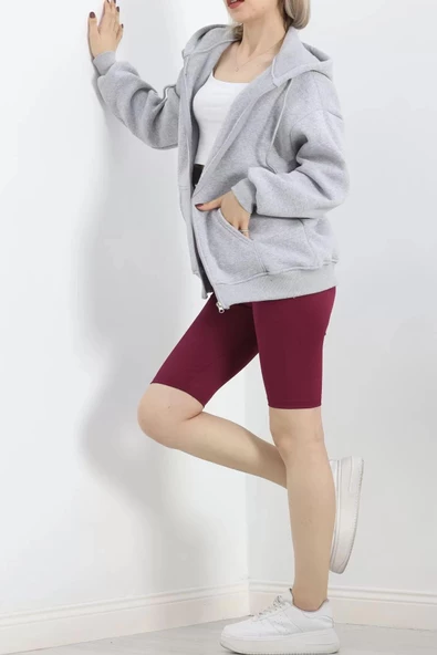 Kapşonlu Fermuarlı 3 İplik Sweat Gri - 20240.053. - 4