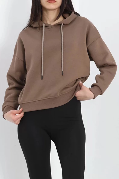 Kapşonlu 3 İplik Crop Sweat Açıkkahve - 20969.1878. - 5