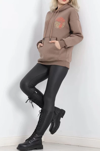 Baskılı Kapşonlu Kanguru Sweat Kahve - 20244.1878. - Resim 8