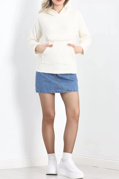 Kanguru Cep Kapşonlu Peluş Sweat Ekru - 9062.1153. - Resim 4