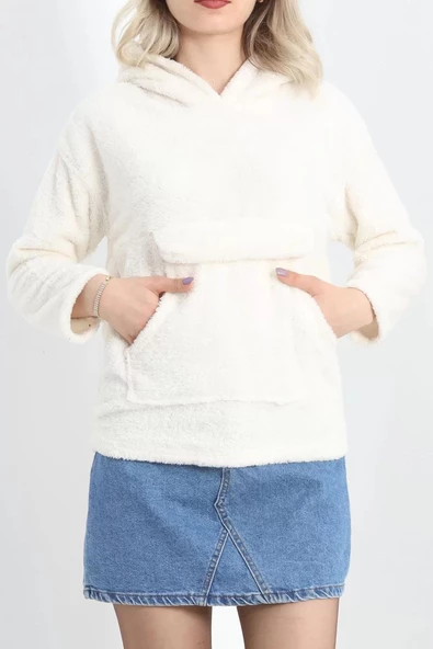 Kanguru Cep Kapşonlu Peluş Sweat Ekru - 9062.1153. ürün görseli