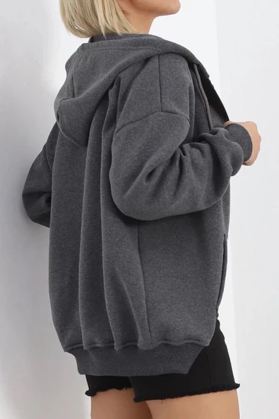 Kapşonlu Fermuarlı 3 İplik Sweat Füme - 20240.053. - Resim 5