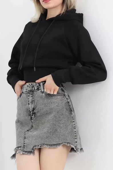 3 İplik Kapşonlu Crop Sweat Siyah - 20967.1878. ürün görseli