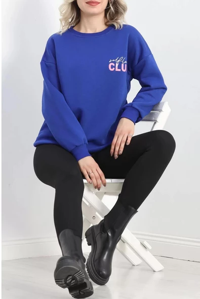 Baskılı Bisiklet Yaka Sweat Saks - 20097.1878. - 7